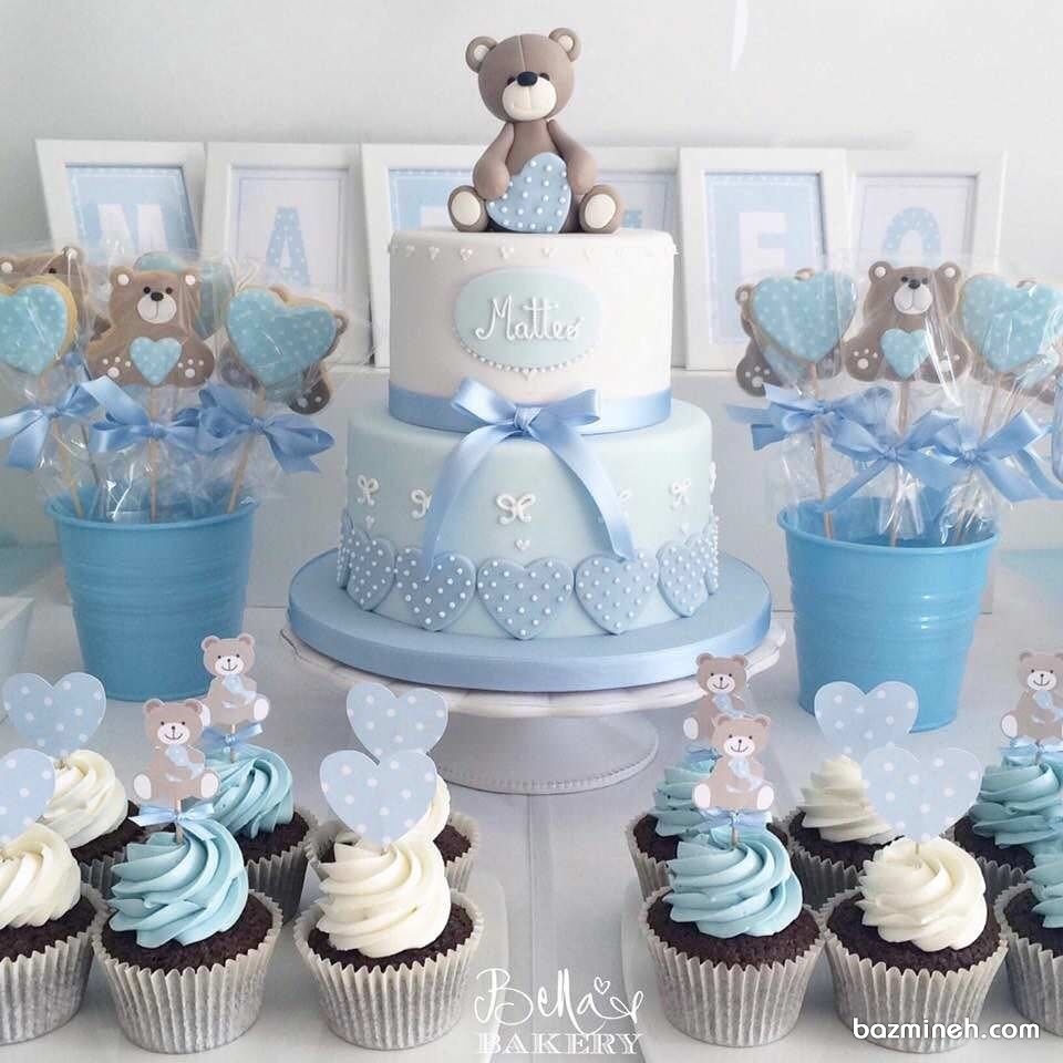 کیک و کاپ کیک های زیبای جشن تولد پسرانه با تم خرس آبی
