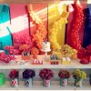 دکوراسیون و بادکنک آرایی شاد و رنگی جشن تولد کودک و استفاده از گل های رنگارنگ در میز پذیرایی
