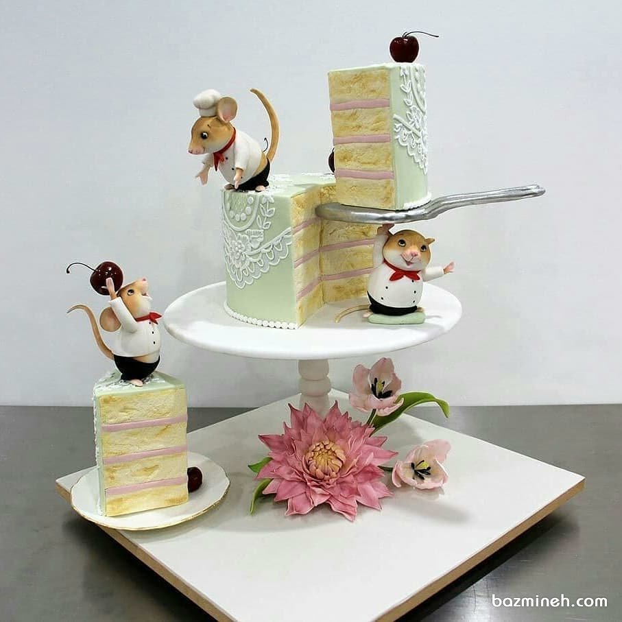 کیک فوندانت فانتزی و بامزه جشن تولد کودکان با تم موش سرآشپز