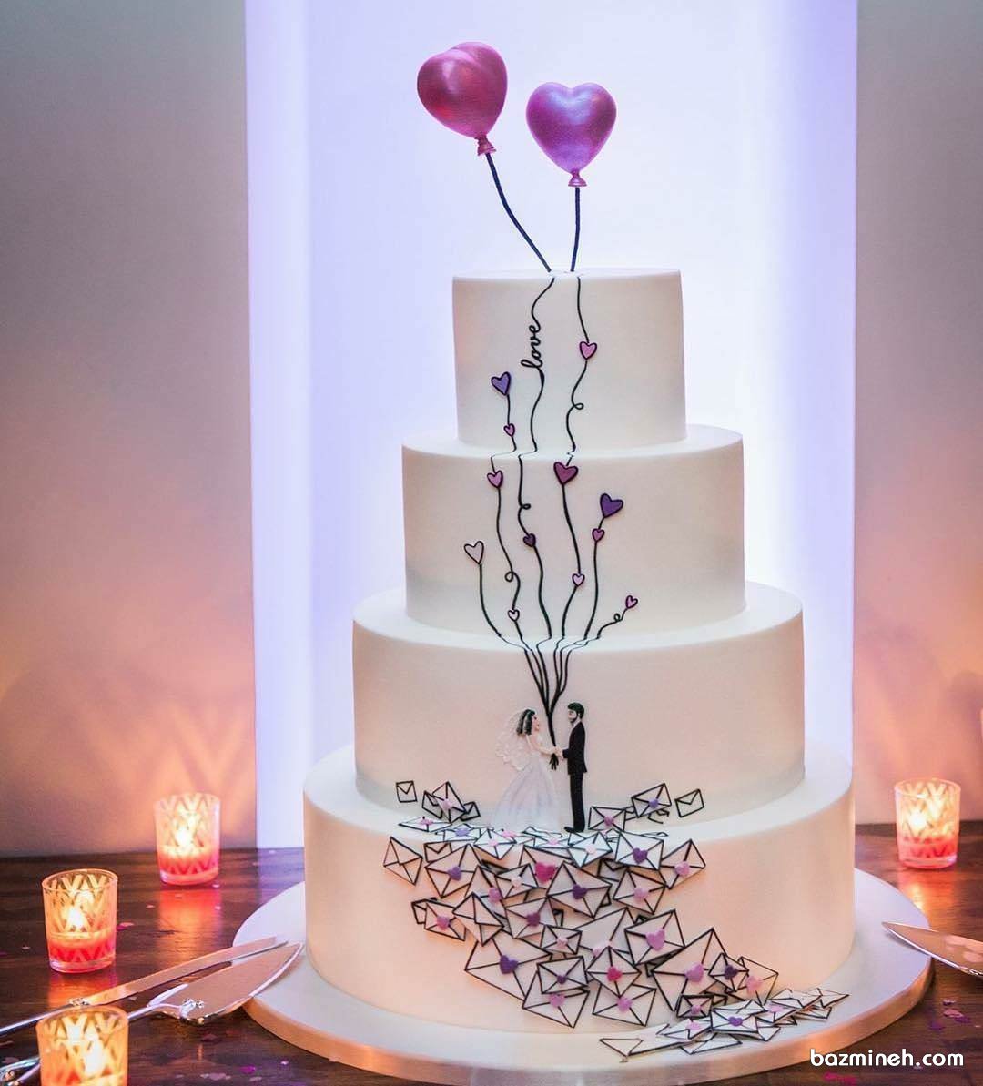 کیک چند طبقه منحصر به فرد جشن نامزدی یا ازدواج با تم بادکنک های قلبی