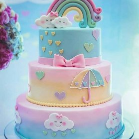 کیک فانتزی جشن تولد دخترانه با تم رنگین کمان