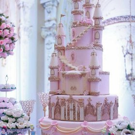 کیک چند طبقه جشن تولد دخترانه به شکل قلعه با تم صورتی
