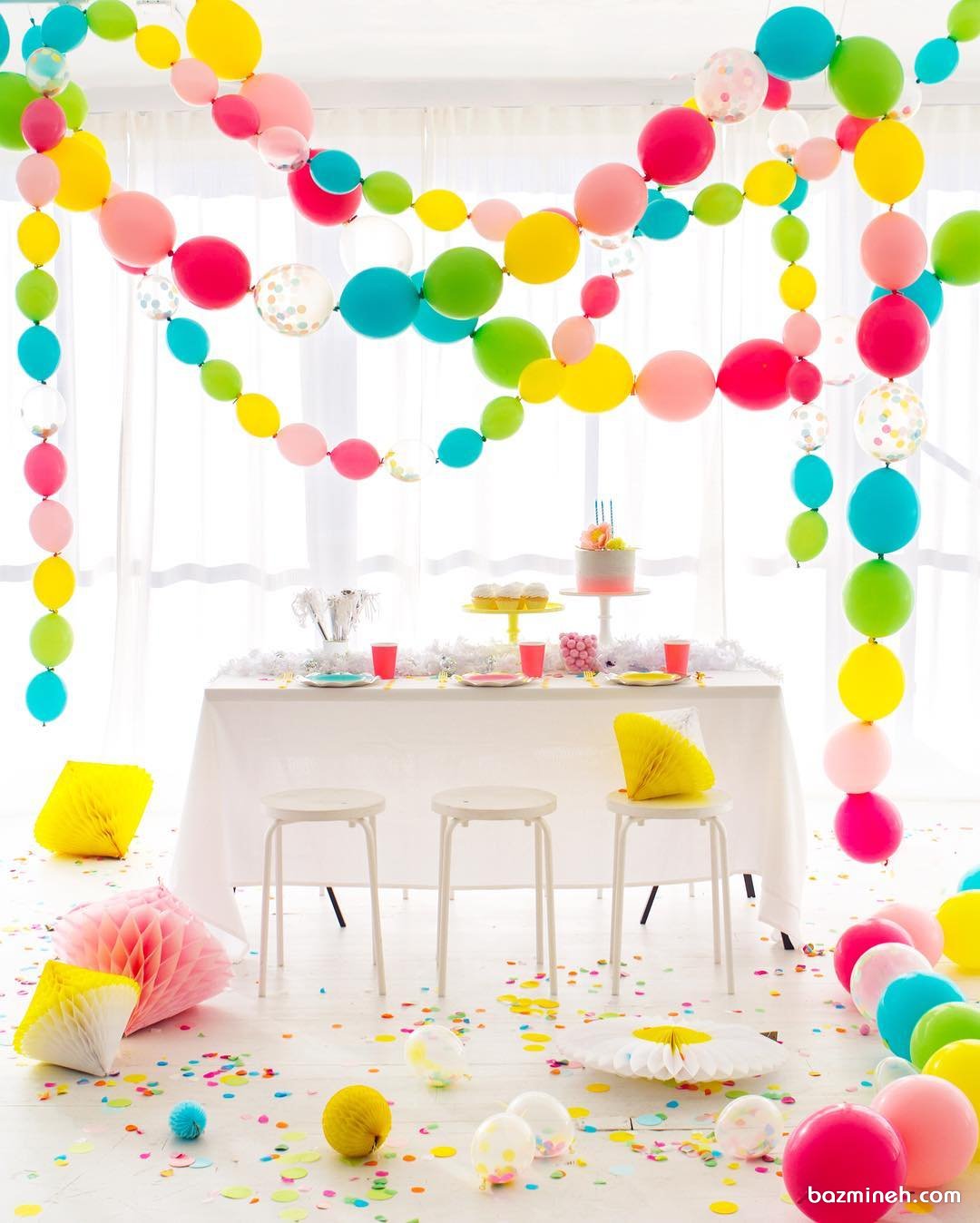 دکوراسیون ساده و زیبای جشن تولد کودک تزیین شده با بادکنک های رنگی