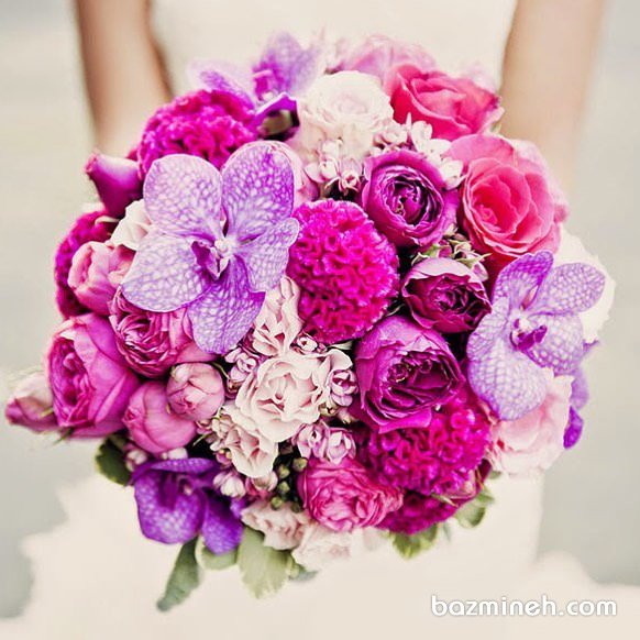 دسته گل عروس با گلهای زیبا و رنگارنگ ارکیده، رز و هورتانسیا انتخابی برای عروس خانم ها با استایل یونیک