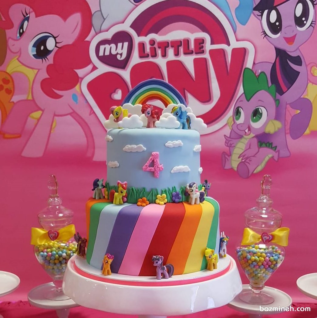 کیک دو طبقه فوندانت جشن تولد دخترانه با تم پونی کوچولوی من (My little pony)