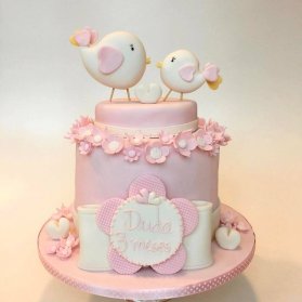 مینی کیک فانتزی جشن تولد دخترانه با تم پرنده های عاشق صورتی