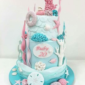 کیک فوندانت جشن تولد دخترانه با تم موجودات دریایی