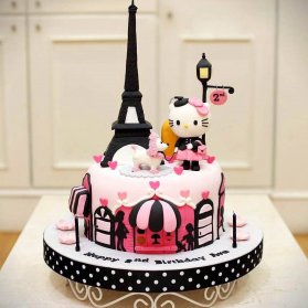کیک فوندانت فانتزی جشن تولد دخترونه با تم هلو کیتی (Hello Kitty)