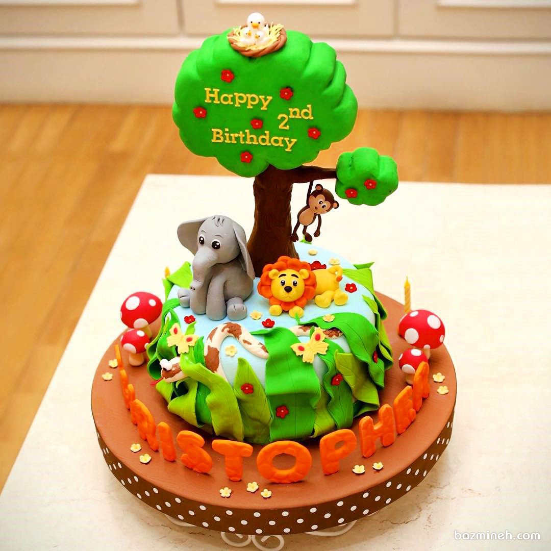 مینی کیک فوندانت جشن تولد کودک با تم حیوانات جنگل
