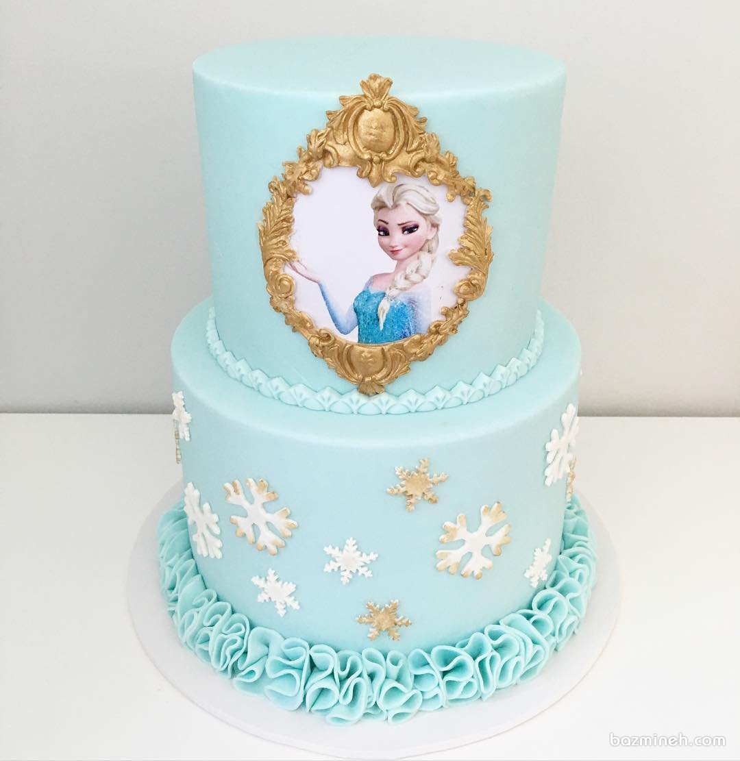 کیک دو طبقه جشن تولد دخترانه با تم پرنسس فروزن (Princess frozen)
