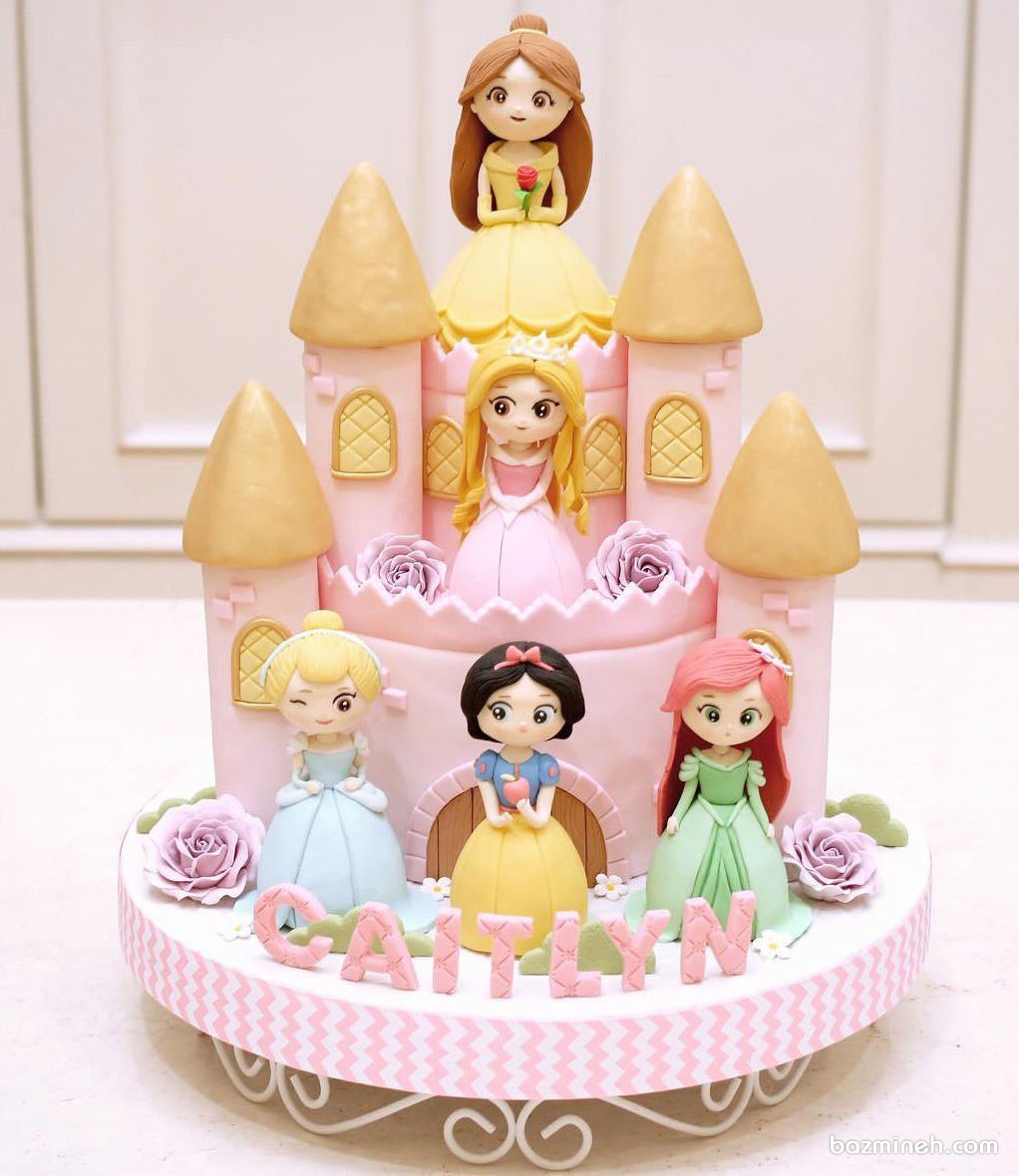 کیک زیبای فوندانت جشن تولد دخترانه با تم پرنسس های والت دیزنی