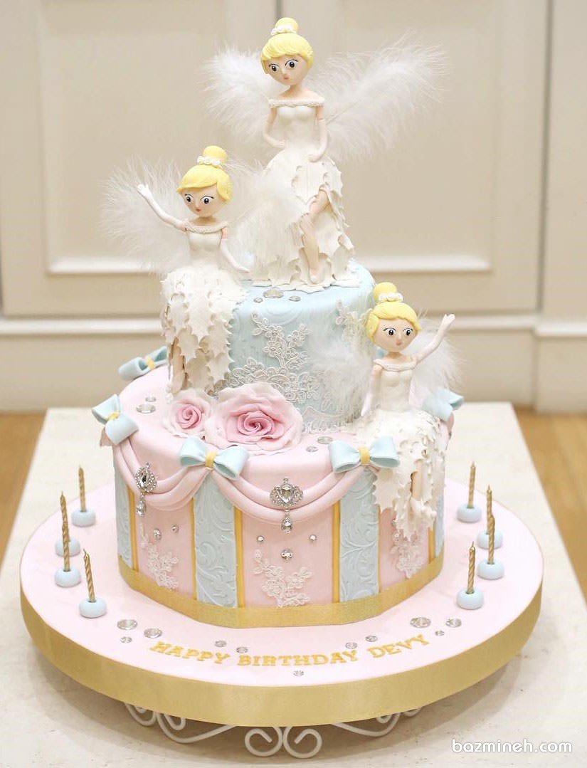 کیک رویایی فوندانت جشن تولد دخترانه با تم فرشته