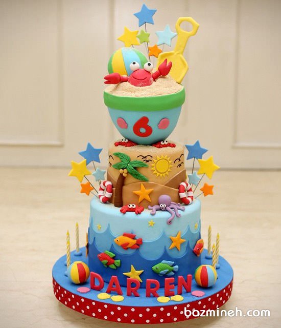 کیک بامزه فوندانت جشن تولد کودک با تم موجودات دریایی