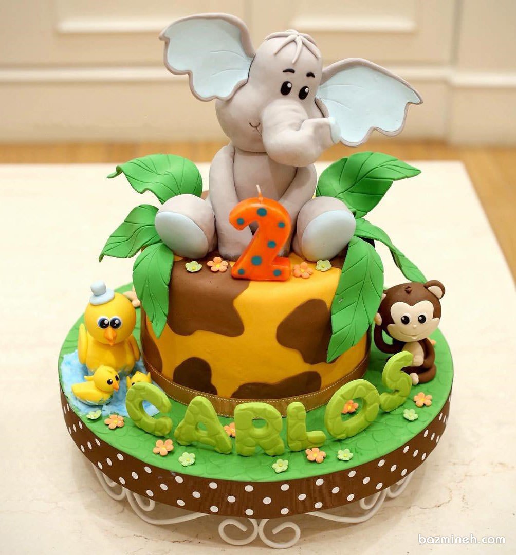 مینی کیک فانتزی فوندانت جشن تولد کودک با تم حیوانات جنگل