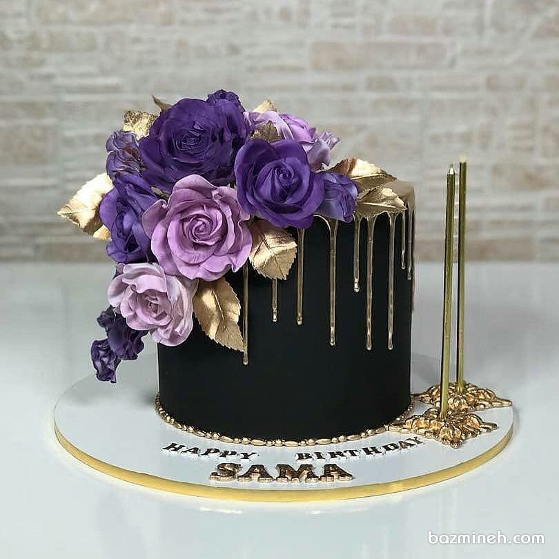 کیک زیبای جشن تولد بزرگسال با تم مشکی بنفش طلایی