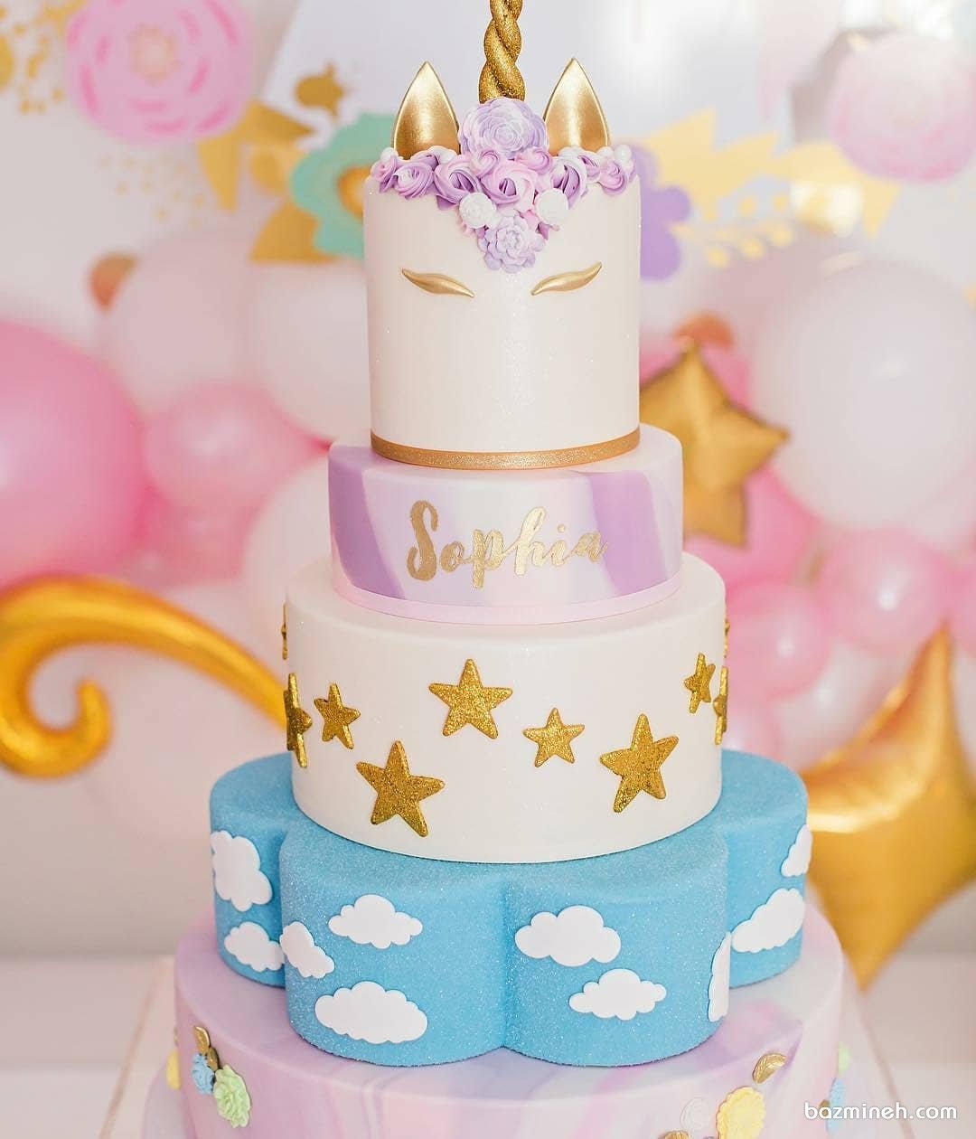 کیک چند طبقه فانتزی جشن تولد کودک با تم یونیکورن (اسب تک شاخ)
