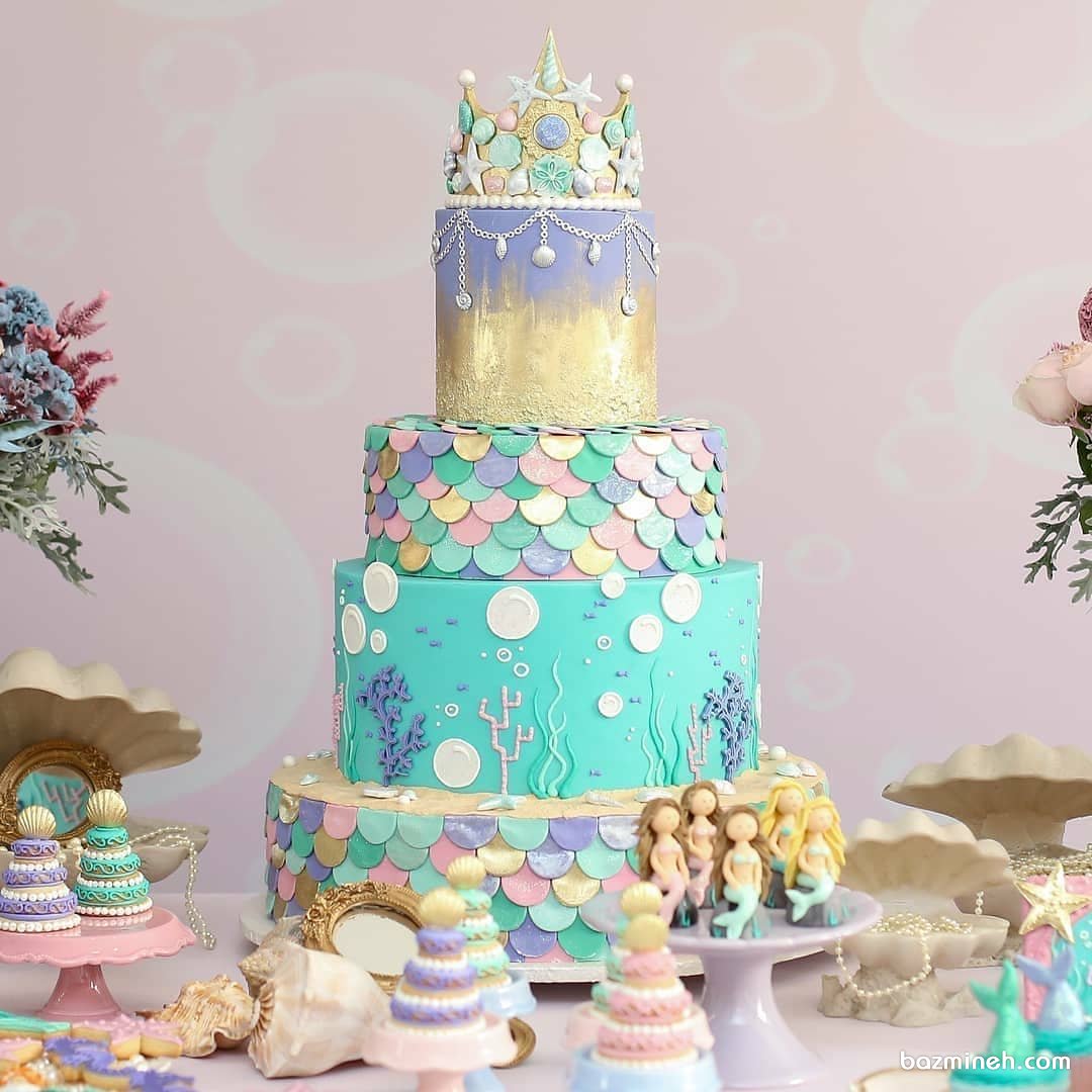 کیک چند طبقه رویایی جشن تولد دخترانه با تم پری دریایی