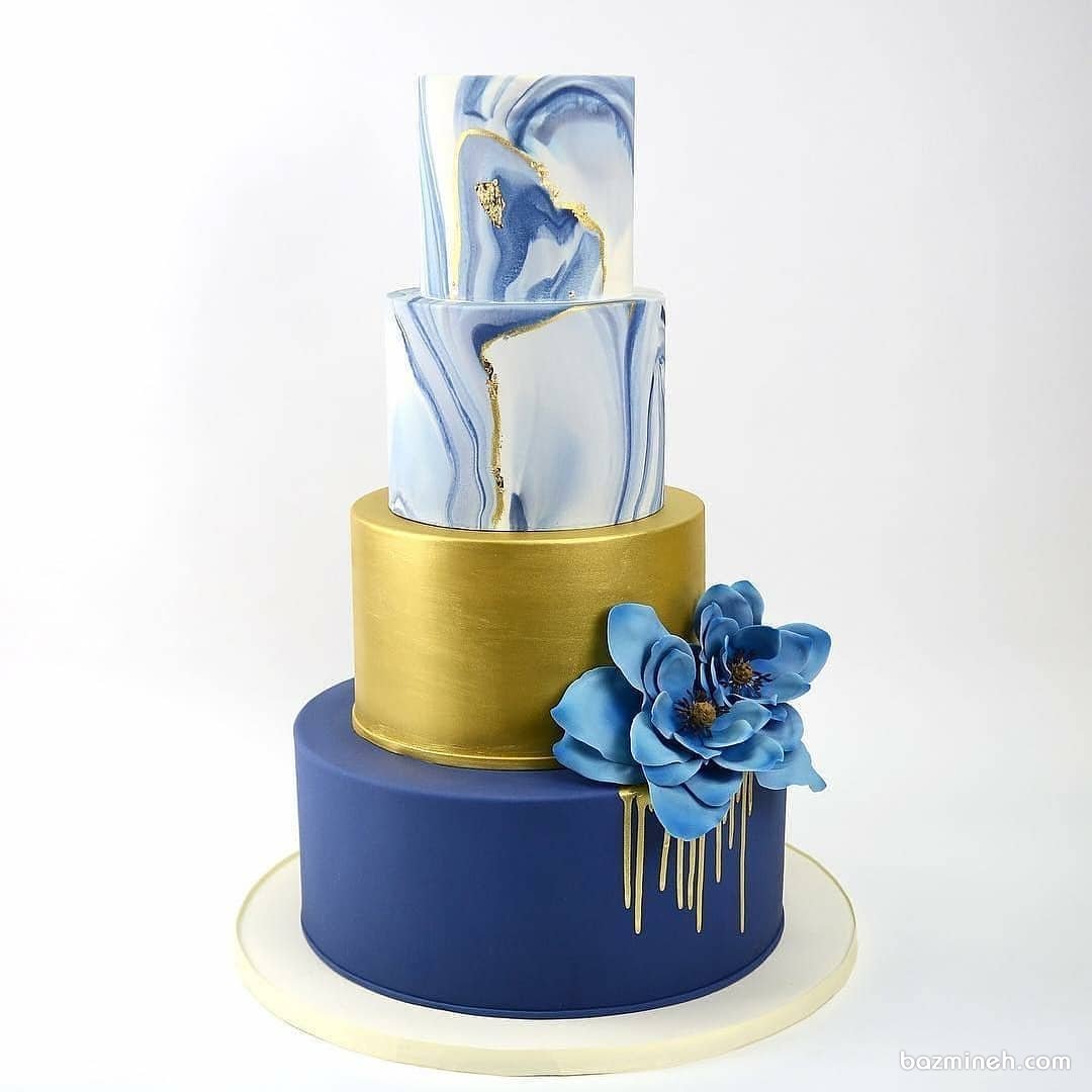کیک چند طبقه جشن تولد یا سالگرد ازدواج با تم آبی طلایی 