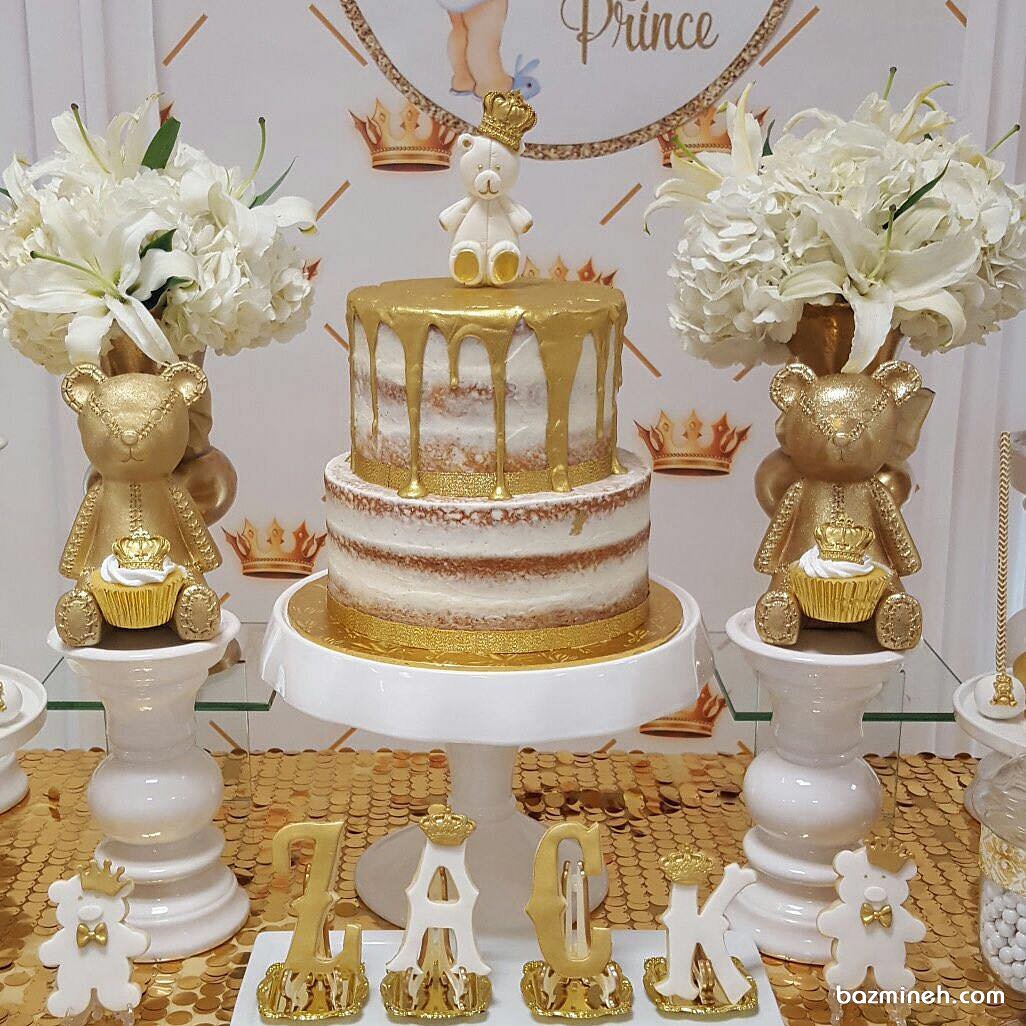 کیک و کوکی های زیبای جشن تولد کودک با تم خرسی و تاج طلایی سفید