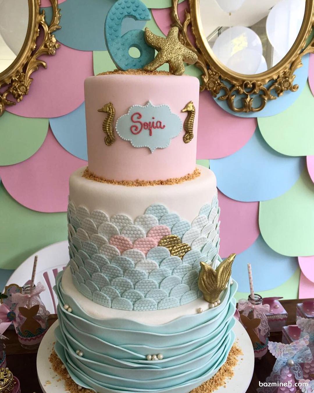 کیک چند طبقه فانتزی جشن تولد دخترونه با تم پری دریایی و موجودات دریایی