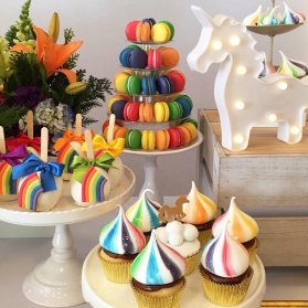 ماکارون، پاپ کیک و کاپ کیک های شاد و رنگی جشن تولد با تم رنگین کمان