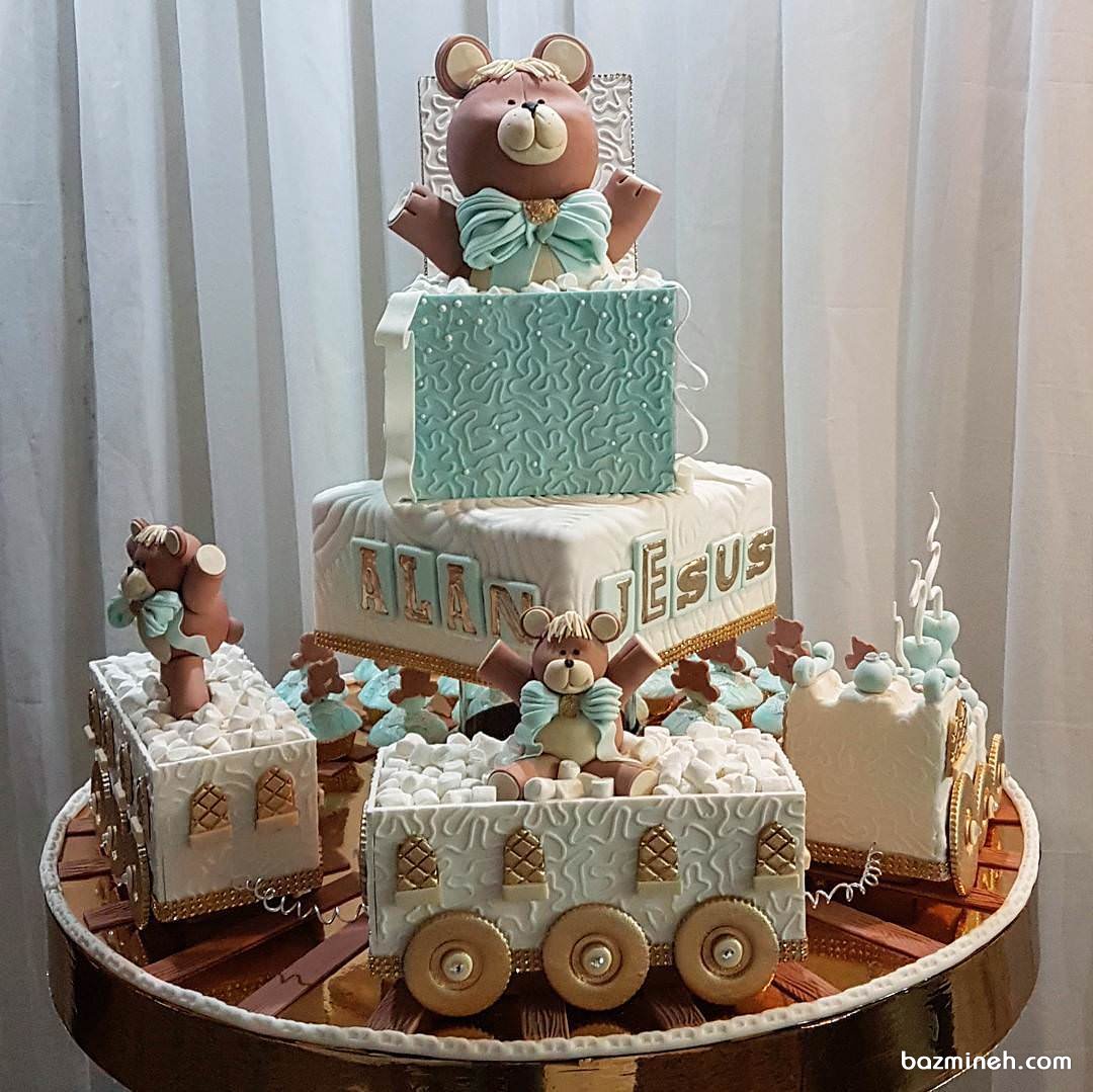 کیک و مینی کیک های فوندانت عروسکی جشن تولد کودک با تم خرس کوچولو