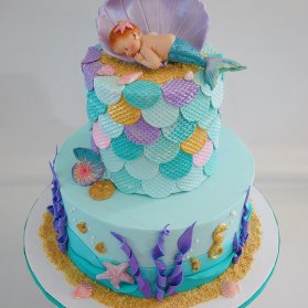 کیک فوندانت جشن تولد دخترانه با تم پری دریایی و موجودات دریایی