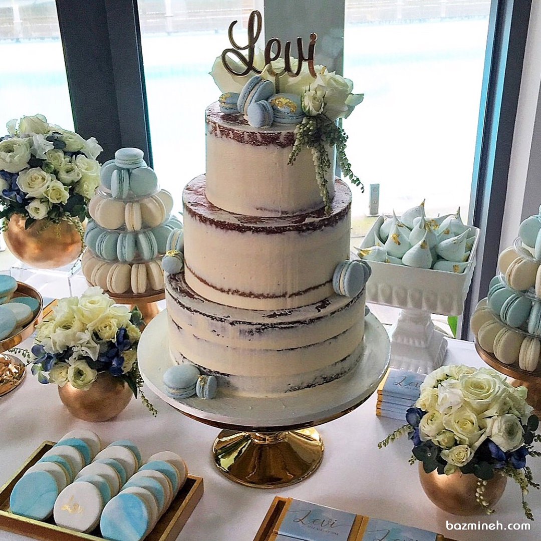 کیک سه طبقه و ماکارون های خوش مزه جشن تولد بزرگسال با تم سفید آبی تزیین شده با گل های رز طبیعی 