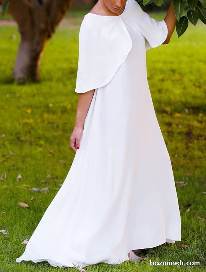 مدل پیراهن ساده و شیک بلند سفید رنگ مناسب برای عروس خانم ها در مراسم عقد محضری