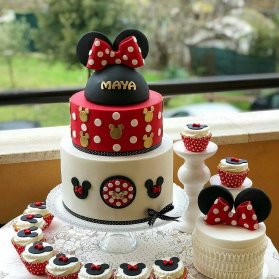 کیک، مینی کیک و کاپ کیک های جشن تولد دخترونه با تم مینی موس (Minnie Mouse)