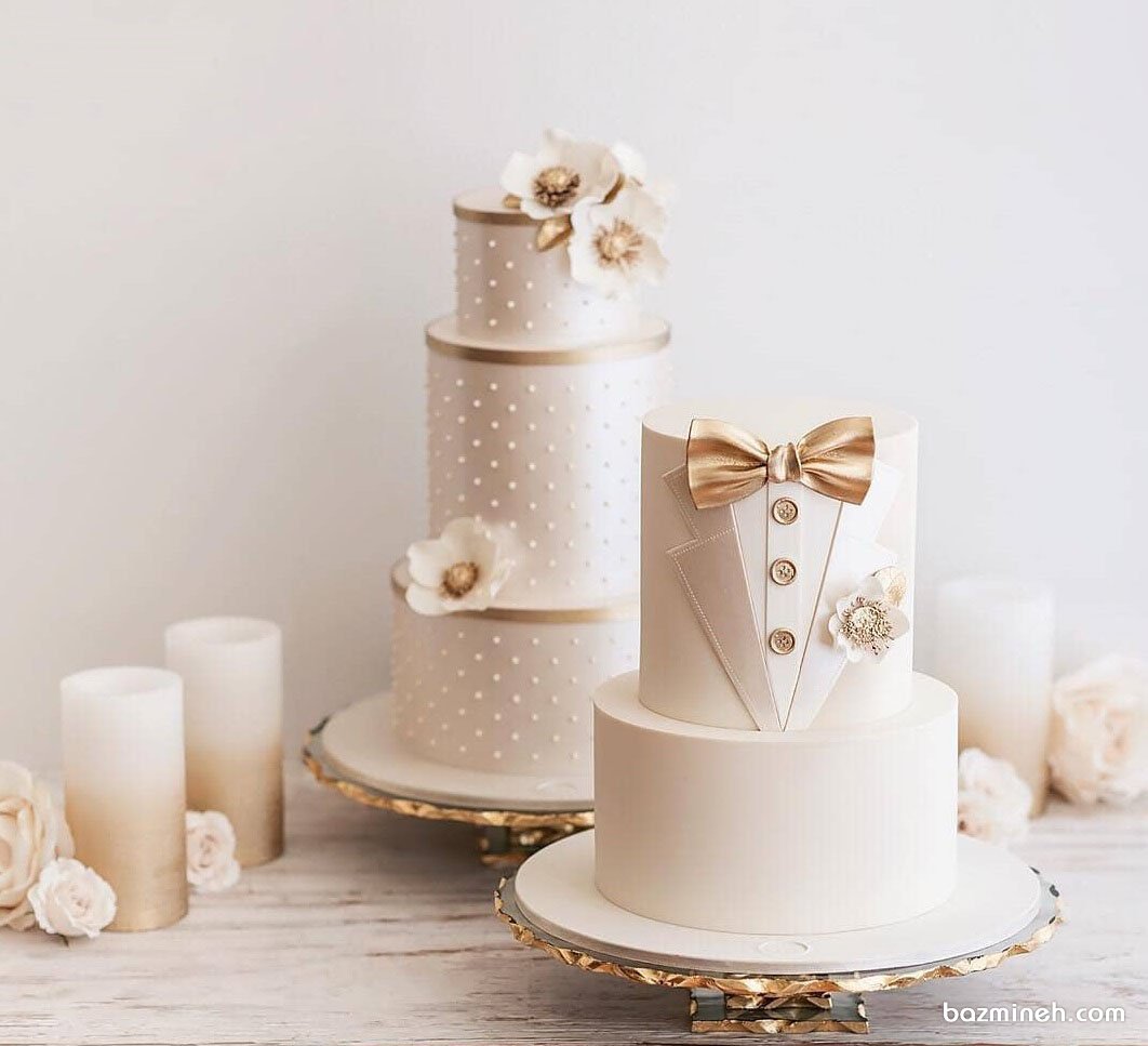 کیک های شیک و زیبای جشن نامزدی یا عروسی  با تم کرم طلایی و طرح لباس دامادی 