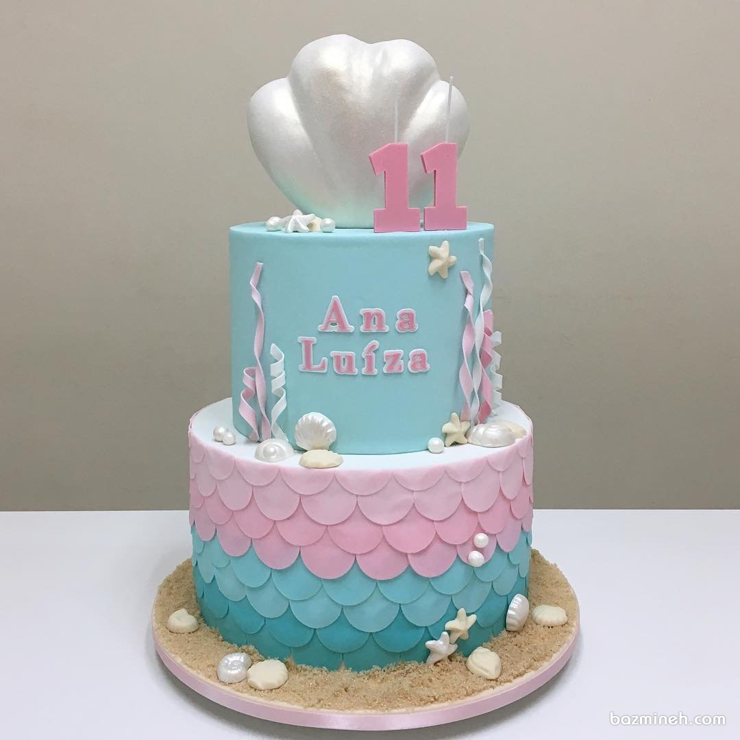 کیک دو طبقه جشن تولد دخترونه با تم صدف و ستاره دریایی
