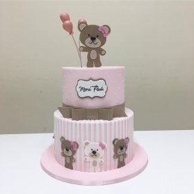 کیک دو طبقه فوندانت فانتزی جشن تولد دخترونه با تم خرس تدی 