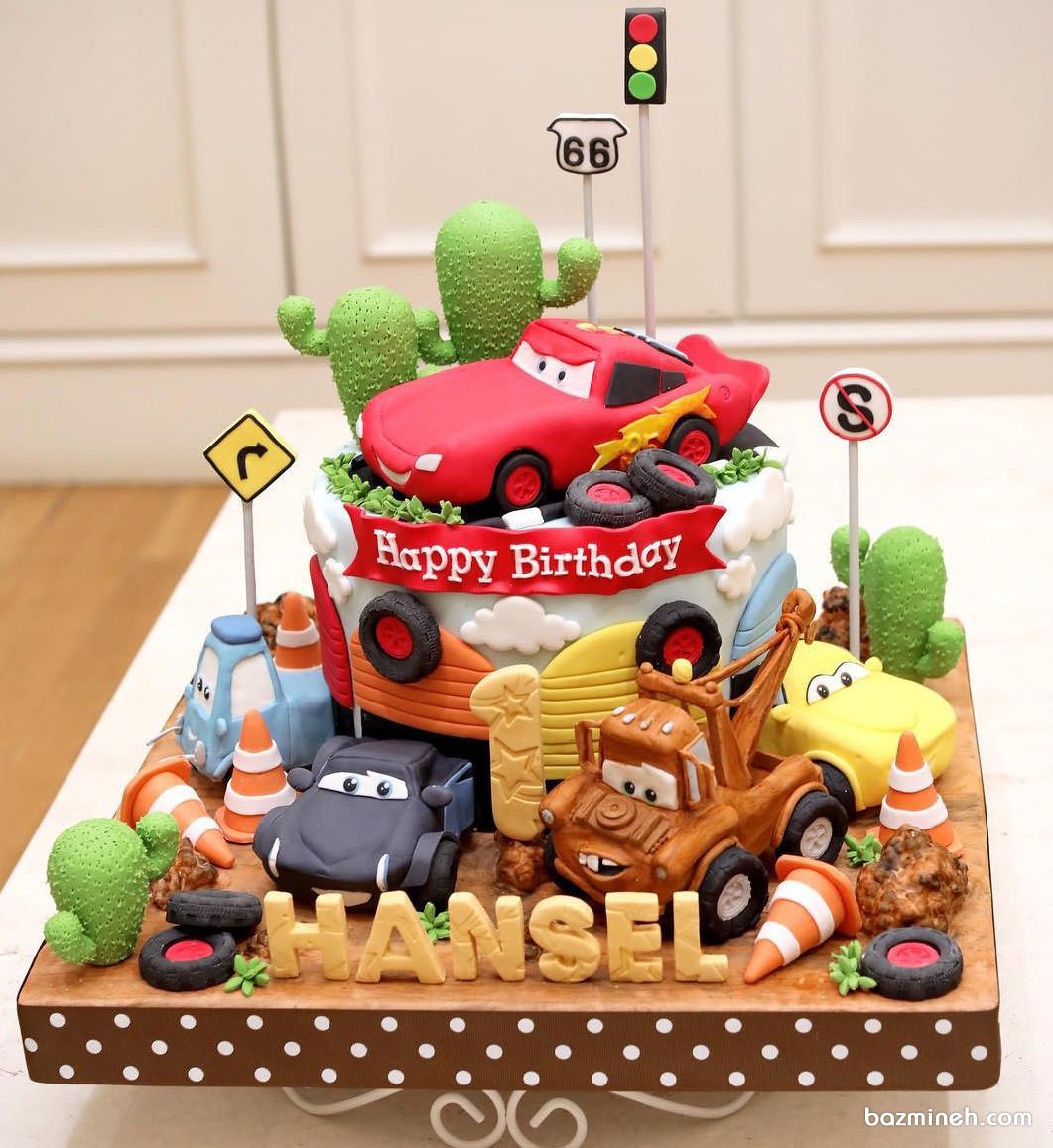 کیک فوندانت کارتونی جشن تولد پسرونه با تم ماشین ها (Cars)