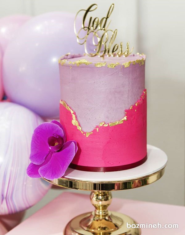 مینی کیک زیبای جشن تولد دخترونه با تم صورتی یاسی با تزیین گل ارکیده بنفش
