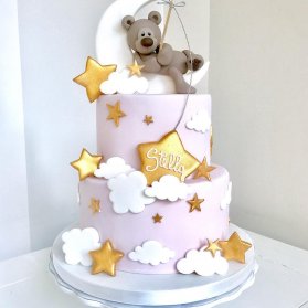 کیک دو طبقه فوندانت فانتزی جشن تولد کودک با تم ماه و ستاره و خرس تدی