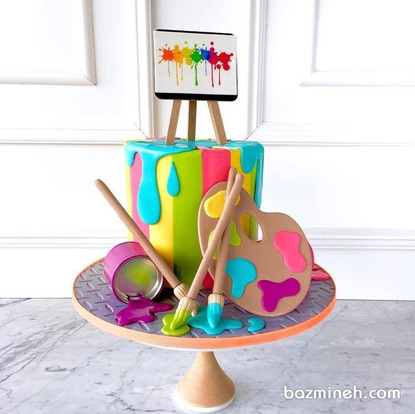 کیک فوندانت جشن تولد کودک با تم قلمو و رنگ روغن