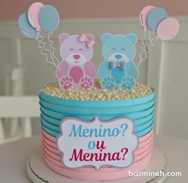 کیک خامه‌ای جشن تعیین جنسیت یا بیبی شاور با تم آبی صورتی 