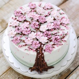 کیک خامه‌ای جشن تولد بزرگسال با تزیین شکوفه ‌های خامه ای 