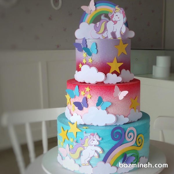 کیک چند طبقه فانتزی جشن تولد دخترونه با تم یونیکورن (Unicorn)