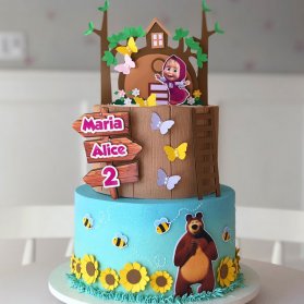 کیک دو طبقه جشن تولد دخترونه با تم ماشا و میشا (Masha and the Bear)