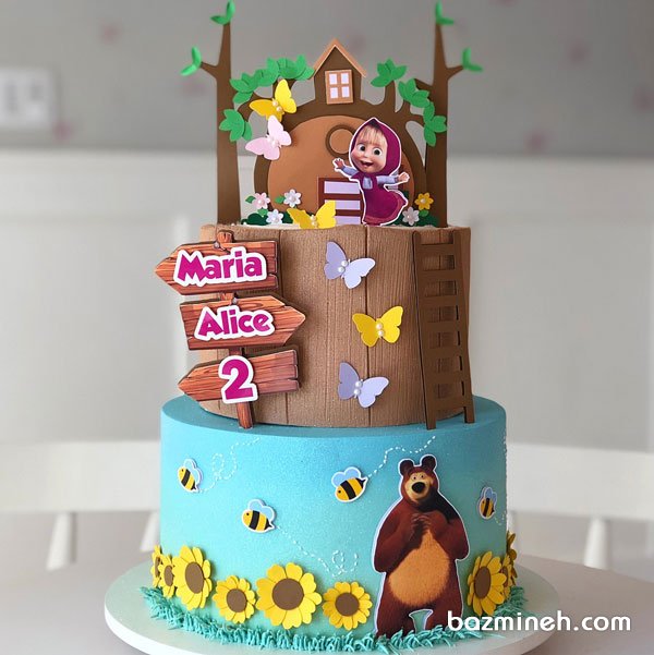 کیک دو طبقه جشن تولد دخترونه با تم ماشا و میشا (Masha and the Bear)