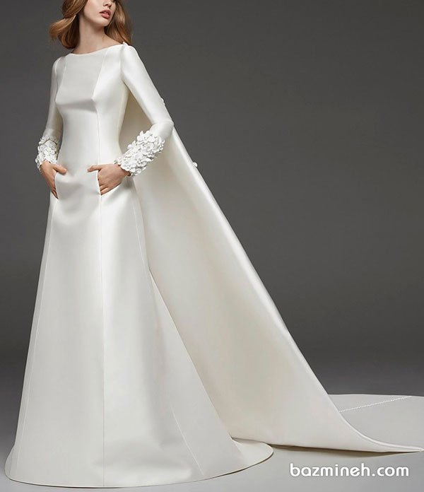 مدل ساده و خاص لباس نامزدی با پارچه ساتن آمریکایی سفید رنگ زیبا برای عروس خانم های محجبه