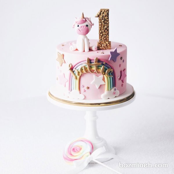 مینی کیک فوندانت جشن تولد یکسالگی دخترونه با تم اسب تک شاخ (Unicorn)