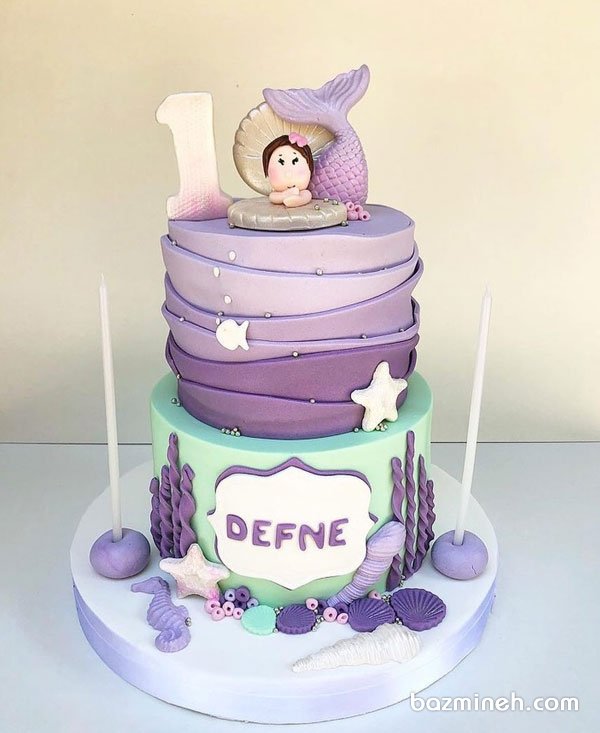 کیک دو طبقه فوندانت جشن تولد یکسالگی دخترونه با تم پری دریایی 