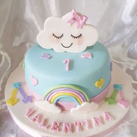 مینی کیک فوندانت جشن تولد یکسالگی دخترونه با تم ابر و رنگین کمان
