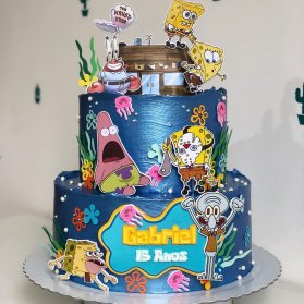 کیک دو طبقه کارتونی جشن تولد کودک با تم باب اسفنجی