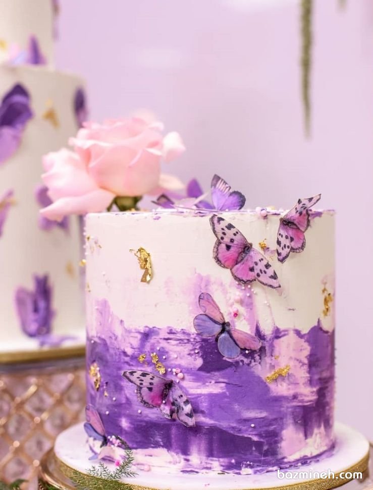 کیک رمانتیک جشن تولد دخترونه با تم گل و پروانه یاسی صورتی