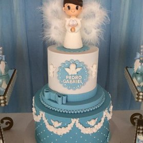 کیک دو طبقه جشن نوزاد یا بیبی شاور پسرونه با تم فرشته