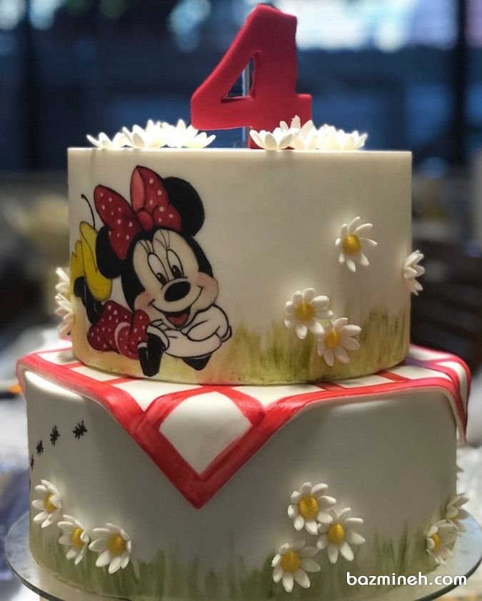 کیک دو طبقه زیبای جشن تولد دخترونه با تم مینی موس(Minnie Mouse)